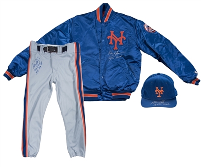 Lot of (3) Davey Johnson Game Used, Signed & Inscribed New York Mets Road Pants, Cap & Jacket (JSA)